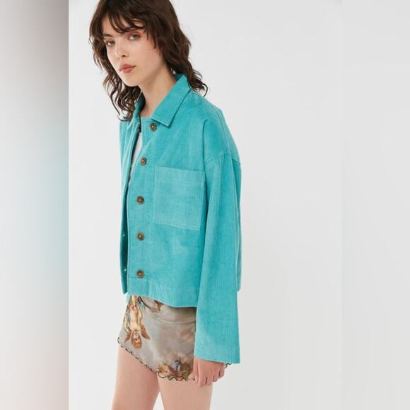 URBAN OUTFITTERS BDG Clark Turquoise Corduroy Button Down Shacket Size Large - Picture 1 of 7
